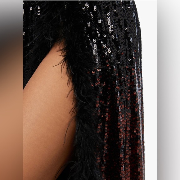 NWT WeWoreWhat Black and Brown Sequin Corset Feathered Gown - Picture 5 of 9